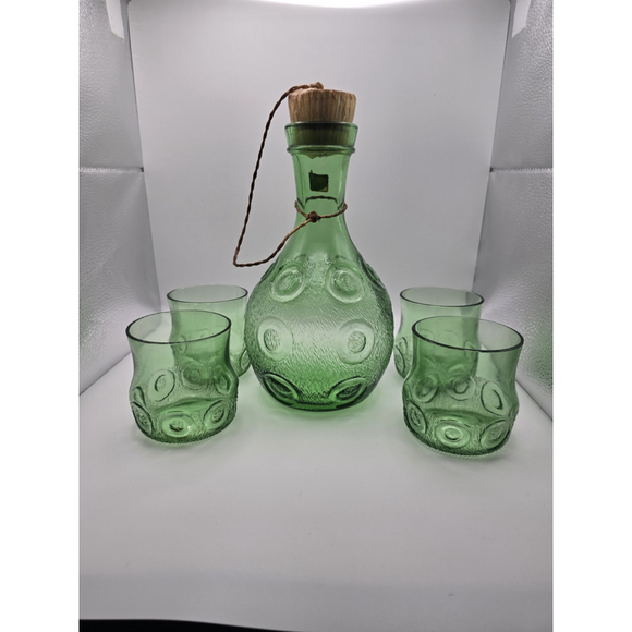 Anchor Hocking Other - Vintage Green Glass Lowball Glasses And Decanter Set Of 5
